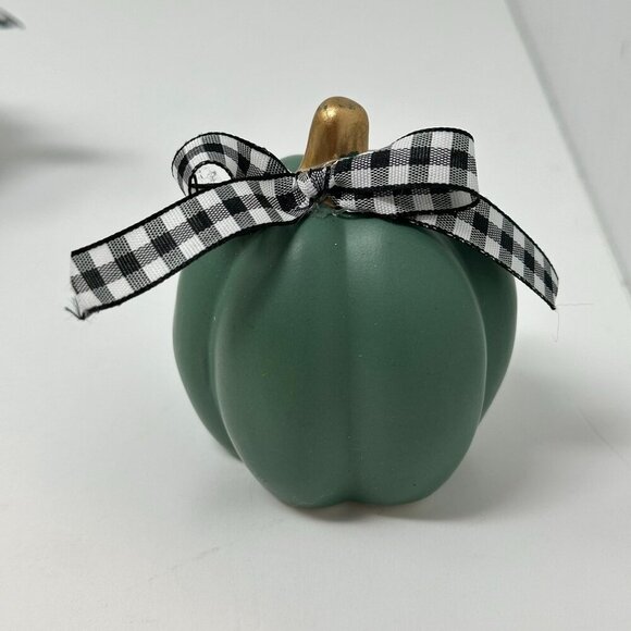 Farmhouse Pumpkin Trio White Gray Green Buffalo Check Ribbon Fall Decor Set - Picture 4 of 10